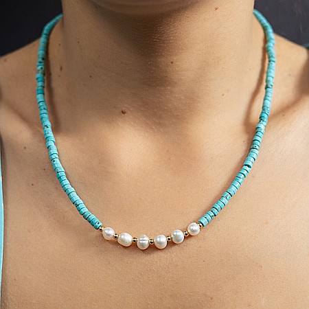 Colier choker turcoaz din piatra naturala Shoushan, Aisoon, cu perle de apa dulce placat cu aur de 18K [3]