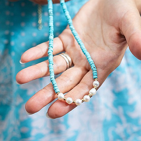 Colier choker turcoaz din piatra naturala Shoushan, Aisoon, cu perle de apa dulce placat cu aur de 18K [4]