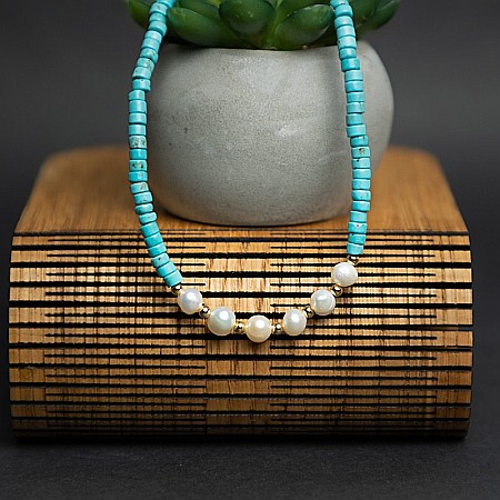 Colier choker turcoaz din piatra naturala Shoushan, Aisoon, cu perle de apa dulce placat cu aur de 18K [9]