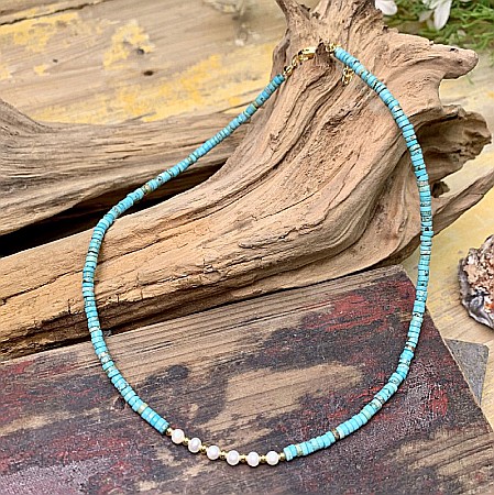 Colier choker turcoaz din piatra naturala Shoushan, Aisoon, cu perle de apa dulce placat cu aur de 18K