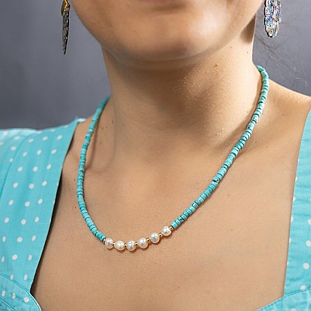 Colier choker turcoaz din piatra naturala Shoushan, Aisoon, cu perle de apa dulce placat cu aur de 18K [1]