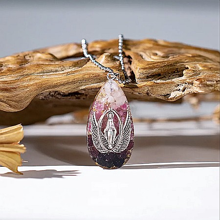 Colier cu pandantiv orgonit Maica Domnului si aripi de inger cu cristale de Turmalina Roz, Granat si cuart Roz pentru femei [1]