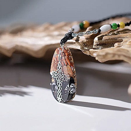 Colier cu pandantiv religios cruce egipteana Ankh din cristale de Obsidian, Jasp Rosu si Gold Stone cu snur reglabil [3]