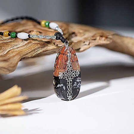 Bijuterii Jasp - Colier cu pandantiv religios cruce egipteana Ankh din cristale de Obsidian, Jasp Rosu si Gold Stone cu snur reglabil