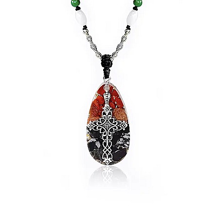 Colier cu pandantiv religios cruce egipteana Ankh din cristale de Obsidian, Jasp Rosu si Gold Stone cu snur reglabil [2]