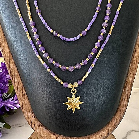 Colier elegant 3 straturi Safyia din Ametist cu Miyuki mov si argint placat cu aur [3]