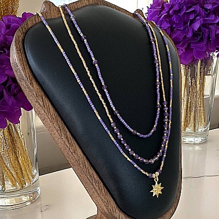 Colier elegant 3 straturi Safyia din Ametist cu Miyuki mov si argint placat cu aur [2]