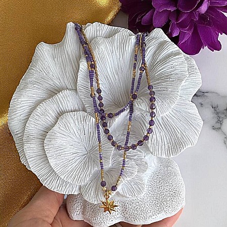 Colier elegant 3 straturi Safyia din Ametist cu Miyuki mov si argint placat cu aur [1]