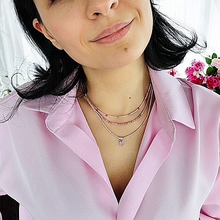 Colier handmade in 3 straturi roz Aziza cu Miyuki, turmalina si argint [7]