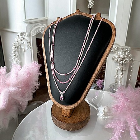 Colier handmade in 3 straturi roz Aziza cu Miyuki, turmalina si argint [3]