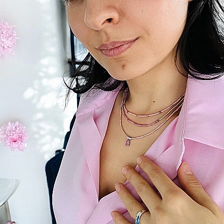 Colier handmade in 3 straturi roz Aziza cu Miyuki, turmalina si argint [2]