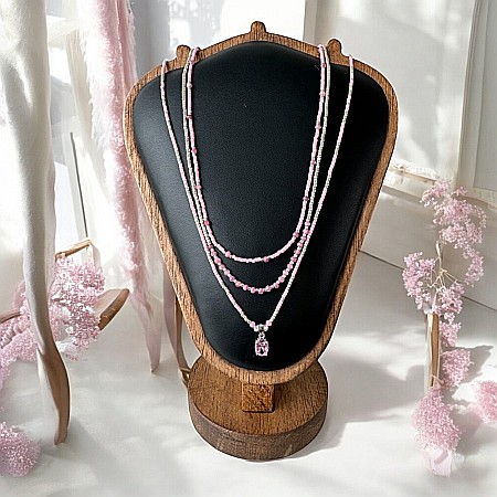 Colier handmade in 3 straturi roz Aziza cu Miyuki, turmalina si argint [5]