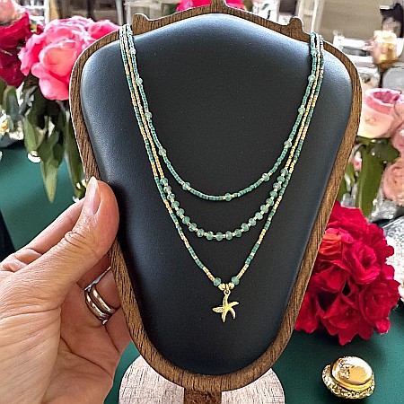 Lanturi / Coliere - Colier handmade in 3 straturi verde Safyia cu Miyuki, Jad Verde si argint