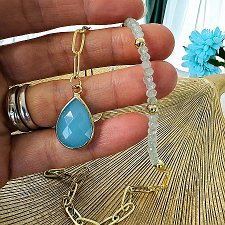 Colier lariat cu piatra naturala calcedonie albastra in forma de lacrima placat cu aur [3]