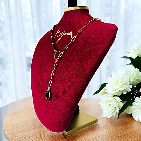 Colier lariat cu piatra naturala onix negru in forma de lacrima placat cu aur [2]