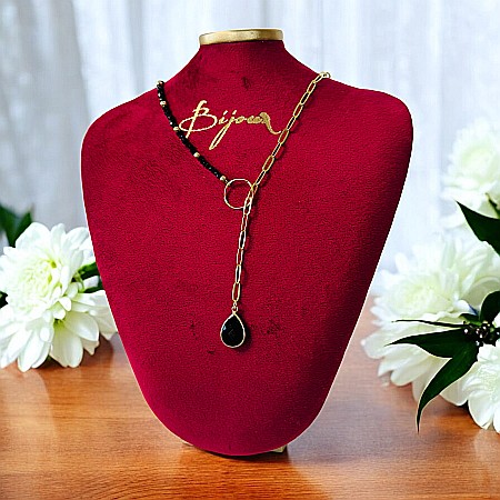 Colier lariat cu piatra naturala onix negru in forma de lacrima placat cu aur [1]