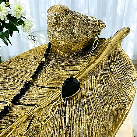 Colier lariat cu piatra naturala onix negru in forma de lacrima placat cu aur [5]