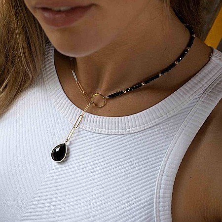 Lanturi / Coliere - Colier lariat cu piatra naturala onix negru in forma de lacrima placat cu aur