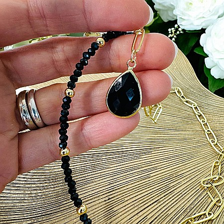 Colier lariat cu piatra naturala onix negru in forma de lacrima placat cu aur [7]