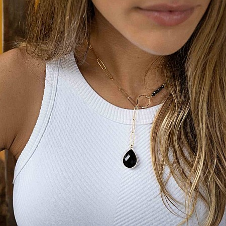 Colier lariat cu piatra naturala onix negru in forma de lacrima placat cu aur [8]