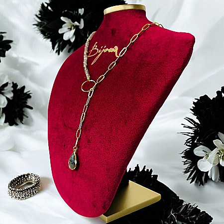 Colier lariat Kira cu piatra naturala labradorit in forma de lacrima placat cu aur [1]