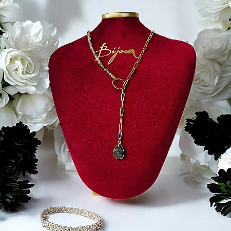 Colier lariat Kira cu piatra naturala labradorit in forma de lacrima placat cu aur [6]