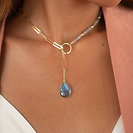 Lanturi / Coliere - Colier lariat Kira cu piatra naturala labradorit in forma de lacrima placat cu aur