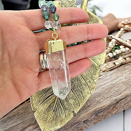 Colier Mala 108 margele din cristale de Fluorit si Cuart cu Varf de Cristal de Stanca [4]