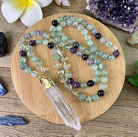 Colier Mala 108 margele din cristale de Fluorit si Cuart cu Varf de Cristal de Stanca [3]