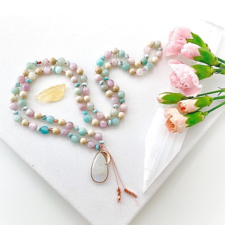 Bijuterii Larimar - Colier Mala multicolor din margele de Larimar, Kunzit, Amazonit și Piatra Lunii