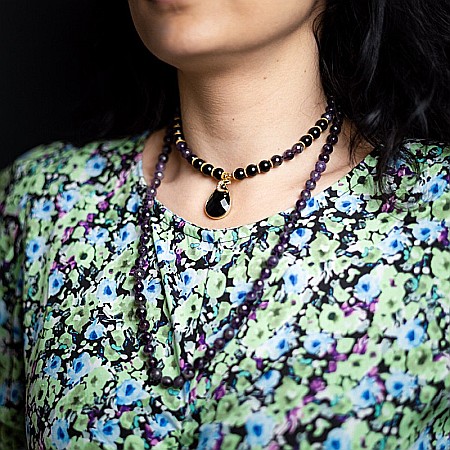 Lanturi / Coliere - Colier Mantra Mala Kiaan, cu 108 margele Mala, pietre semipretioase de Ametist si Onix