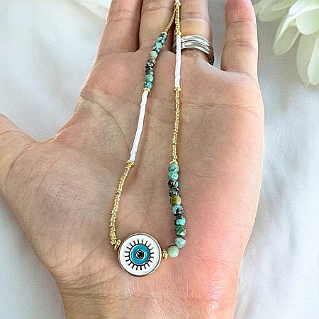 Colier margele Miyuki si Turcoaz African Enlai, cu Evil Eye, placat cu aur [3]