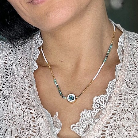 Lanturi / Coliere - Colier margele Miyuki si Turcoaz African Enlai, cu Evil Eye, placat cu aur