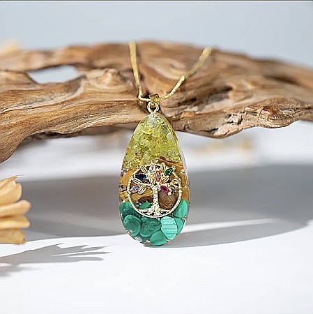 Colier orgonit cu pandantiv Arborele Vietii pentru meditatie, Reiki, Yoga din cristale de peridot, ochi de tigru si malachit [1]