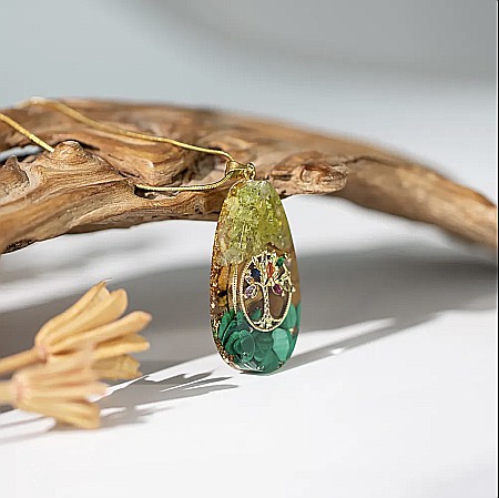 Colier orgonit cu pandantiv Arborele Vietii pentru meditatie, Reiki, Yoga din cristale de peridot, ochi de tigru si malachit [3]