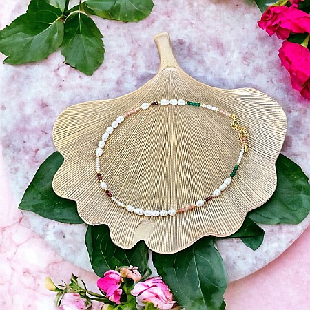 Colier perle elegant Nora cu Jad verde, Piatra Soarelui si Granat din argint 925 placat cu aur. [3]