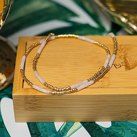 Colier pietre semipretioase Cuart Roz, choker pietre naturale elegant Vania cu Sunstone Miyuki Seed, placat cu aur 18 K [5]