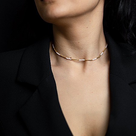 Colier pietre semipretioase Cuart Roz, choker pietre naturale elegant Vania cu Sunstone Miyuki Seed, placat cu aur 18 K [8]