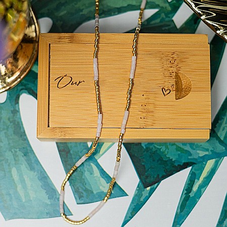 Colier pietre semipretioase Cuart Roz, choker pietre naturale elegant Vania cu Sunstone Miyuki Seed, placat cu aur 18 K [6]