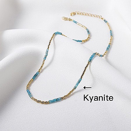 Colier pietre semipretioase Kyanit, choker pietre naturale placat cu aur 18 K, elegant Vania cu Sunstone Miyuki Seed [3]