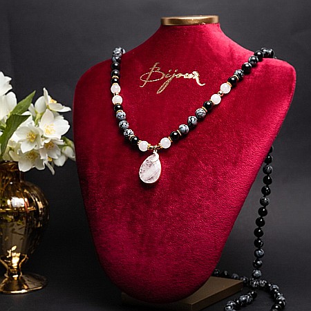 Colier pietre semipretioase Mala cu 108 margele, Zoya, din Turmalina si Obsidian cu Pandantiv Piatra Lunii [3]