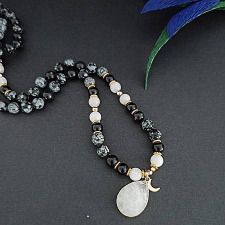 Colier pietre semipretioase Mala cu 108 margele, Zoya, din Turmalina si Obsidian cu Pandantiv Piatra Lunii [9]