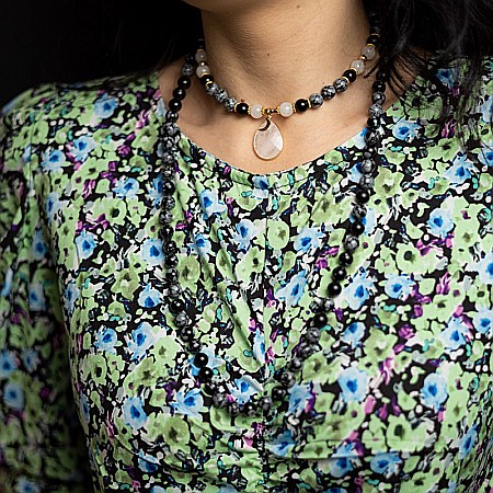 Colier pietre semipretioase Mala cu 108 margele, Zoya, din Turmalina si Obsidian cu Pandantiv Piatra Lunii [17]