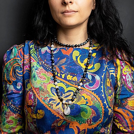 Colier pietre semipretioase Mala cu 108 margele, Zoya, din Turmalina si Obsidian cu Pandantiv Piatra Lunii [1]