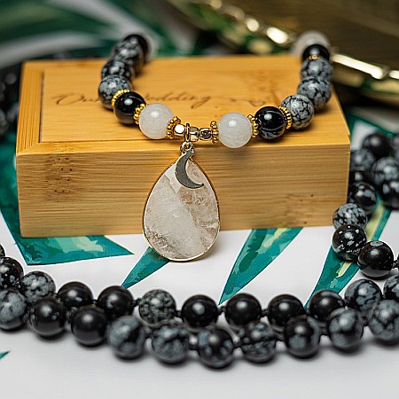 Lanturi / Coliere - Colier pietre semipretioase Mala cu 108 margele, Zoya, din Turmalina si Obsidian cu Pandantiv Piatra Lunii