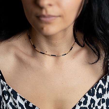 Colier placat cu aur 18 K, pietre semipretioase choker pietre naturale Agat Negru si Sunstone Miyuki Seed, elegant Vania [8]