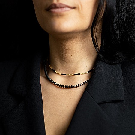 Colier placat cu aur 18 K, pietre semipretioase choker pietre naturale Agat Negru si Sunstone Miyuki Seed, elegant Vania [9]