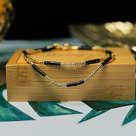 Colier placat cu aur 18 K, pietre semipretioase choker pietre naturale Agat Negru si Sunstone Miyuki Seed, elegant Vania