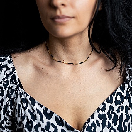 Colier placat cu aur 18 K, pietre semipretioase choker pietre naturale Agat Negru si Sunstone Miyuki Seed, elegant Vania [3]