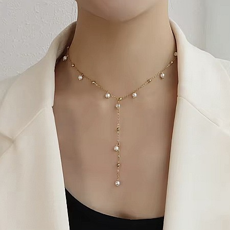 Colier tassel elegant lung din otel inoxidabil placat cu aur si perle Yanira [3]
